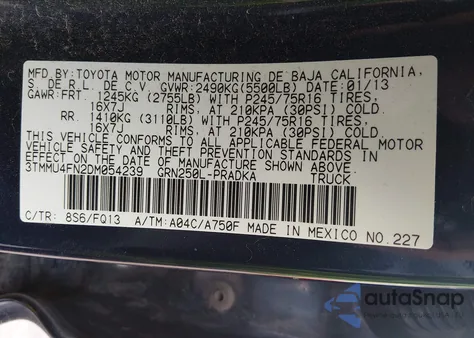 2013 Toyota Tacoma Base V6 z USA, uszkodzony, nr VIN 3TMMU4FN2DM054239